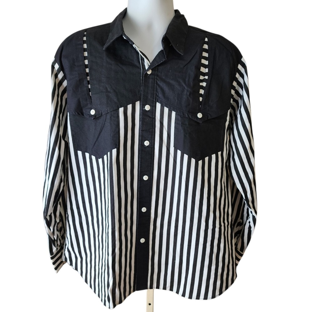 Vintage Koda Sunset Western Shirt Men's Large Black White Striped Button Front L